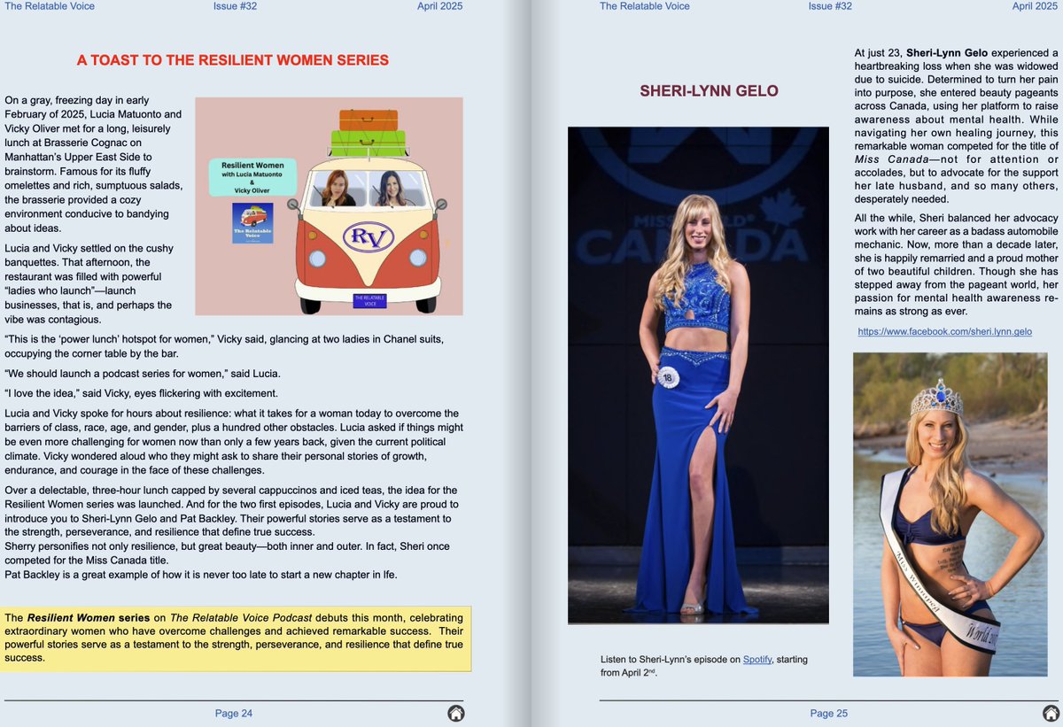 Introducing the first guest of the Resilient Women series for Relatable Media. Sheri Lynn Gelo. Her story of  coming back from loss to compete in the Miss Canada pageant is stirring! The podcast, co-hosted by Lucia Matuonto and me will air on April 2. 
heyzine.com/flip-book/1ca8…