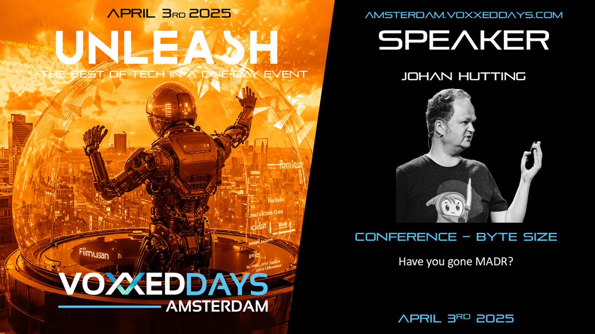 VoxxedAmsterdam's tweet image. 🎉 We’re happy to welcome @JohanHutting from @ingnl to the Voxxed Days Amsterdam lineup! He’ll be sharing a Byte Size session packed with practical value 💡
🧠 Talk: “Have you gone MADR?”
🔹 Discover MADR: Markdown Any Decision Records, a simple way to track and revisit key…