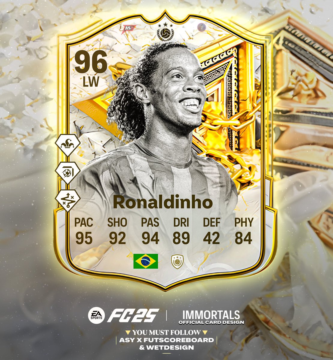 FutSheriff's tweet photo. 🚨OFFICIAL IMMORTALS ICON DESIGN!

Ronaldinho is a prediction [@Fut_scoreboard] 🔥🔥🔥 https://t.co/tVKTJk4Xp1
