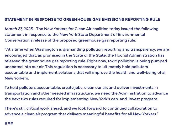 NYforCleanAir's tweet photo. NY’s new greenhouse gas reporting rule is a good first step toward transparency.

But we need more. Polluters must be held accountable. It’s time to move forward with cap-and-invest. #CleanAirNY #CapAndInvest

https://t.co/Hsi4NCjqwG https://t.co/nLh3XtUEnA