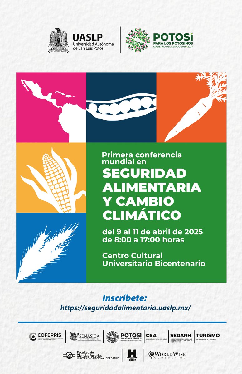 👉 La #UASLP invita a las y los interesados a sumarse a la Primera Conferencia Mundial en Seguridad Alimentaria y Cambio Climático 🌽🌱♻️

🟢 Consulta aquí los detalles del evento seguridadalimentaria.uaslp.mx que se realizará del 9 al 11 de abril en el CC200. 

¡Acompáñanos!