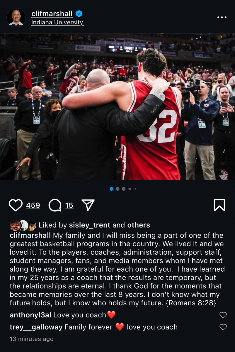 Strength and Conditioning Coach Clif Marshall with his goodbye post to Indiana, via his Instagram. Was expected that he wouldn’t be retained by the new staff, now official. #iubb