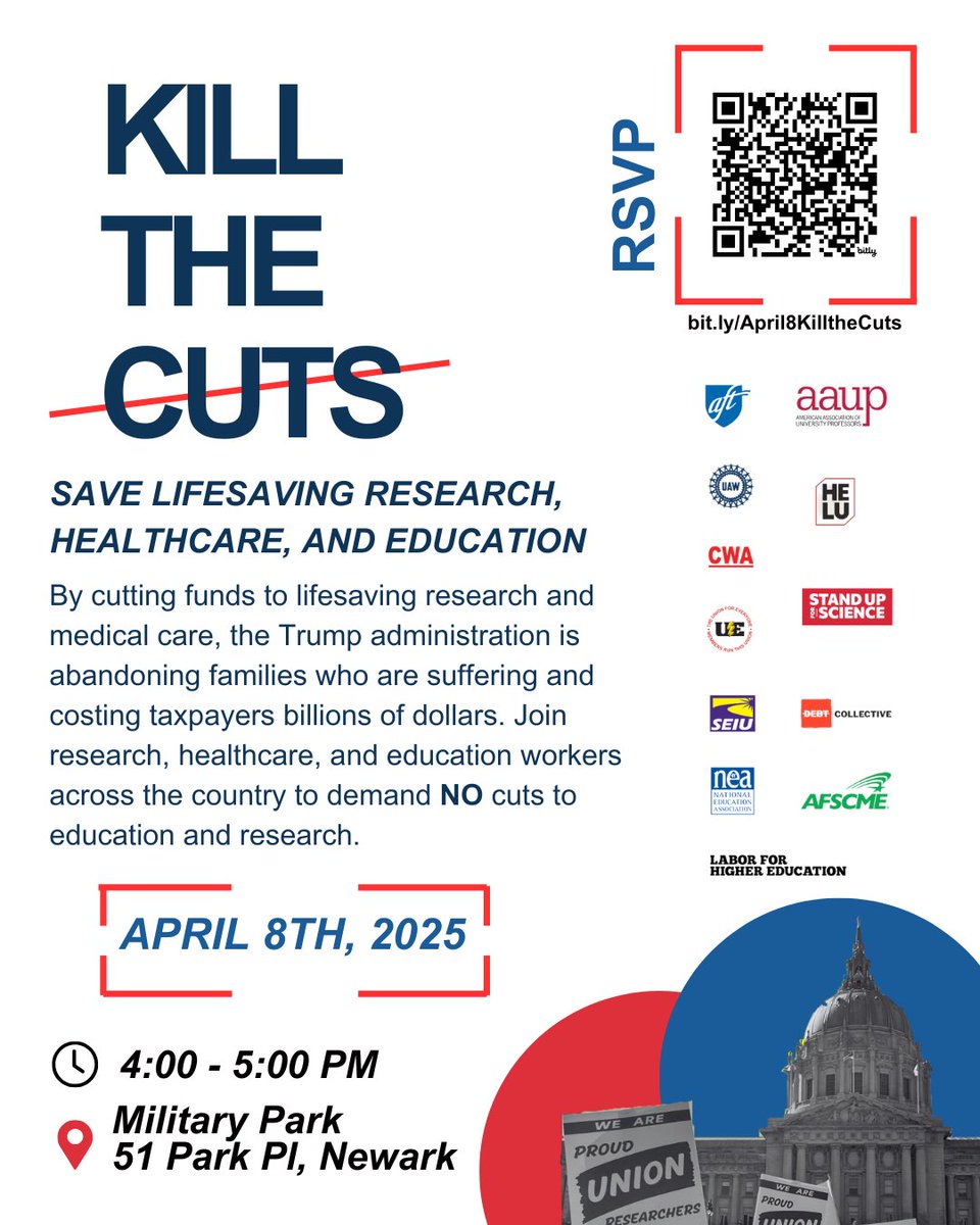 🚨 RALLY ALERT ‼️ APRIL 8th 4PM 📍Military Park, Newark ✊ Against Donald Trump’s federal funding cuts. 

It’s up to us to stand up for lifesaving research, healthcare, and education. 

Join your union and stand in solidarity 🪧 with your union! #1u #KILLTHECUTS <a href="/ruaaup/">Rutgers AAUP-AFT Academic Worker Union</a> <a href="/ueunion/">UE</a>
