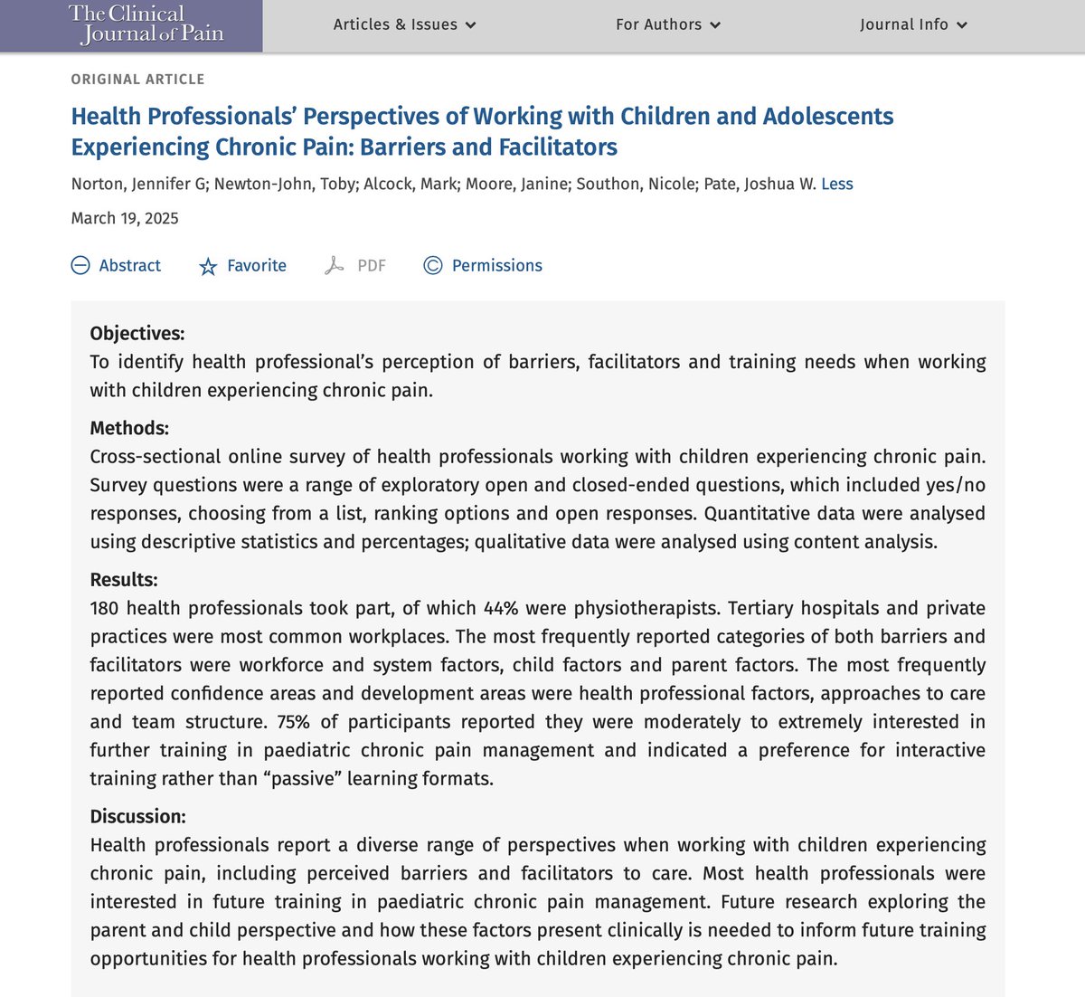 JoshuaWPate's tweet image. A barrier for one health professional can be a facilitator for another!
A big congrats to Jen Norton on her first PhD publication! It nicely sets the scene for her other studies currently underway.