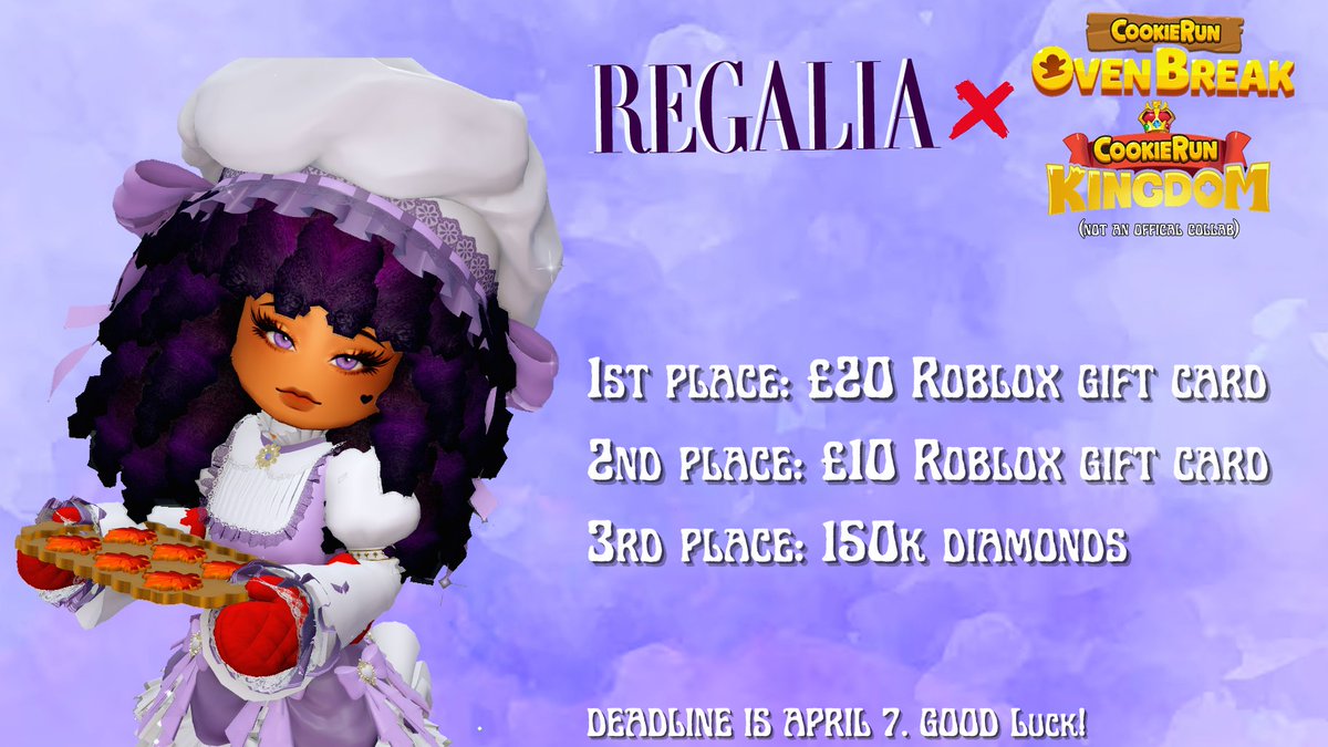 Regalia Magazine's first-ever 👗FASHION CONTEST👠

Theme: Cookie Run! Non-playable cookies are also allowed and from all the cookie run games!

Rules:
❌Halos
❌UGC
✅In-game filters/shaders
One outfit per person!

Submission link below! Good luck!
form.jotform.com/250896879193074