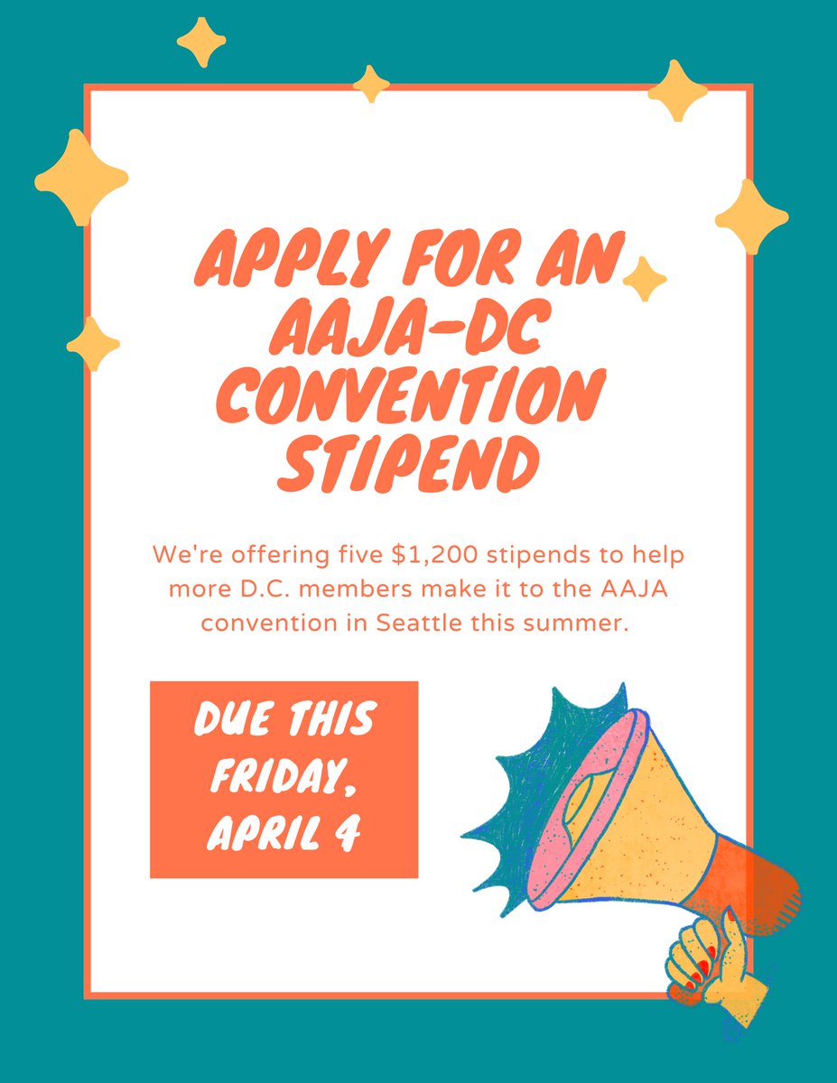 aajadc's tweet image. ICYMI in your inboxes the other week: Apply by this Friday for one of our chapter's $1,200 stipends to make it to this summer's @aaja convention in Seattle ➡️ docs.google.com/forms/d/e/1FAI…