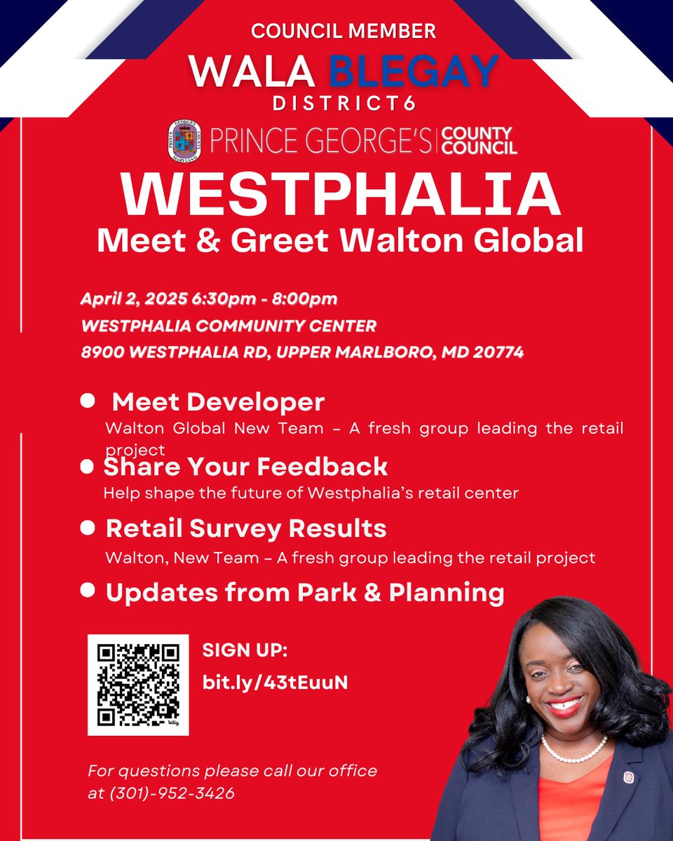 Important community meeting with developer Walton as they introduce their new team and discuss plans for retail center, road infrastructure, and park construction.
✔️ Retail Survey Results
✔️ Road &amp; Infrastructure Updates
✔️ Westphalia Regional Park Construction
✔️ Resident Input