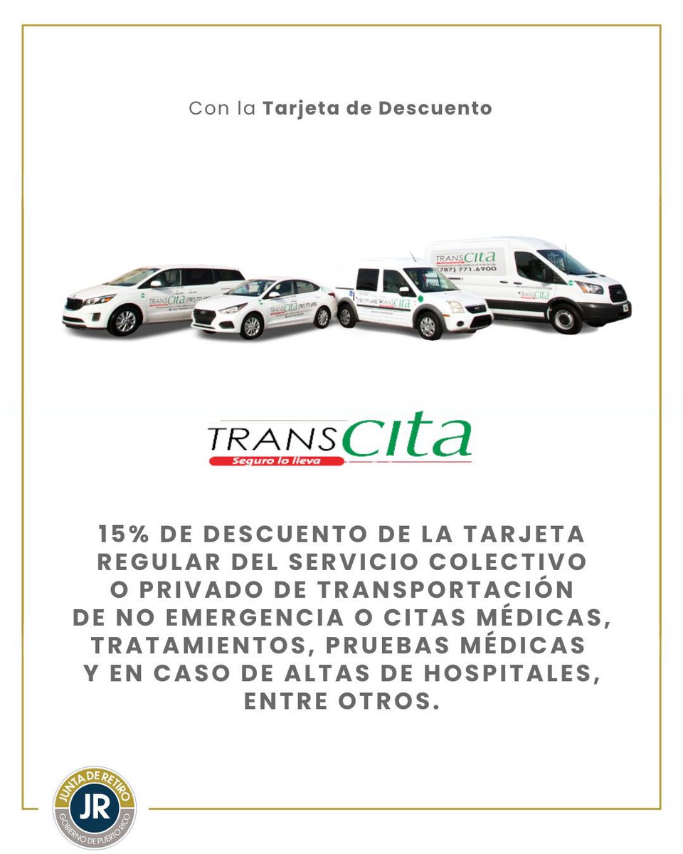 TarjetadeRetiro's tweet photo. Accede a tus citas médicas de manera segura y económica con TransCita! 🚕✨
Obtén un 15% de descuento en nuestros servicios de transportación colectiva o privada para 🙌🏼

Todo esto es gracias a @retiropr 

#JuntadeRetiro
#Compralocal
#Pensionados
#GobiernodePuertoRico https://t.co/oVAxD9auUv