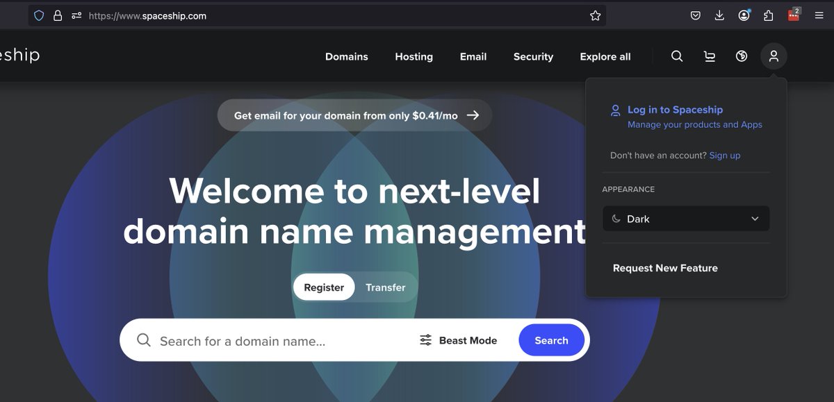 namecheapceo123's tweet image. Dark mode is now available at Spaceship, check it out!
