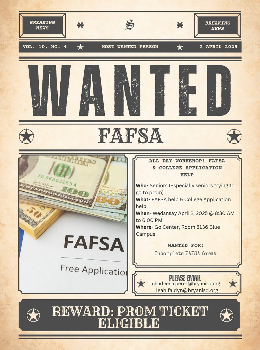 BHS Counseling (@bhsadvisors) on Twitter photo Seniors, the Go Center will be open all day on Wednesday if you need help finishing your FAFSA!
Remember your counselor needs proof of submission to document the graduation requirement (either a screenshot of your dashboard or a forwarded email after you finish)!
<a href="/LaneBuban/">Bryan High School</a> Seniors, the Go Center will be open all day on Wednesday if you need help finishing your FAFSA!
Remember your counselor needs proof of submission to document the graduation requirement (either a screenshot of your dashboard or a forwarded email after you finish)!
<a href="/LaneBuban/">Bryan High School</a>