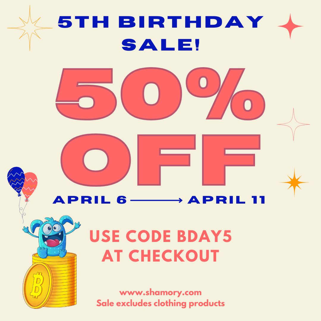 Happy 5th Birthday to us! 🎉 

Stacking sats and smiles since 2020. Celebrate with us: 

50% off April 6-11 using code BDAY5. 

HODL the fun, fam!