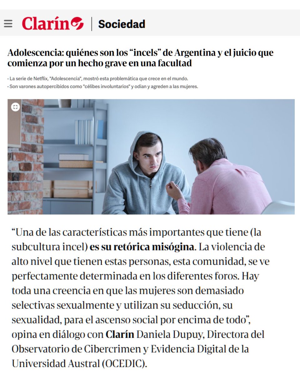"Una de las características más importantes que tiene la subcultura incel es su retórica misógina", explicó <a href="/danydupuyok/">Daniela Dupuy</a> directora de <a href="/ocedic/">OCEDIC</a> para <a href="/clarincom/">Clarín</a> 

👉cg0y.short.gy/IrnKdS

<a href="/UnivAustral/">Universidad Austral</a>