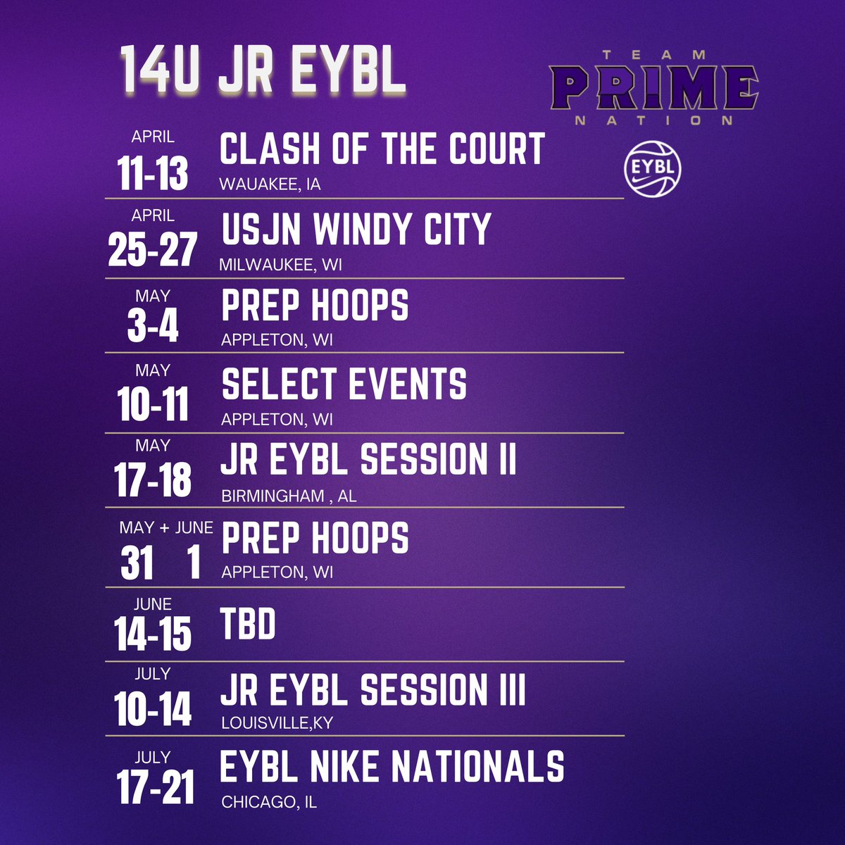 My 2025 AAU schedule. Can’t wait to get on the court with my team!💜💪🏼Come watch us play. <a href="/WiFlightElite/">Team PRIME Nation GEYBL</a> <a href="/Coach_Pat2292/">Reginald Patterson</a>