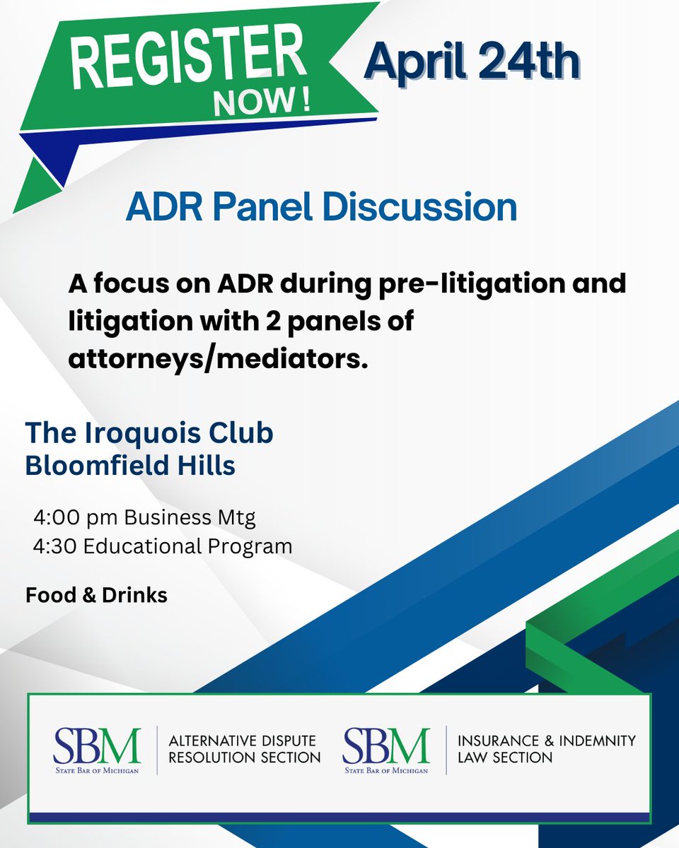 This program will explore ADR processes in both pre-litigation and litigation, featuring two panels of attorneys and mediators, including Donn Fresard, Suzanne Stanczyk, Marcy Tayler, Judges Edward Ewell and Patricia Fresard.  
events.michbar.org/Event-Search/E…
