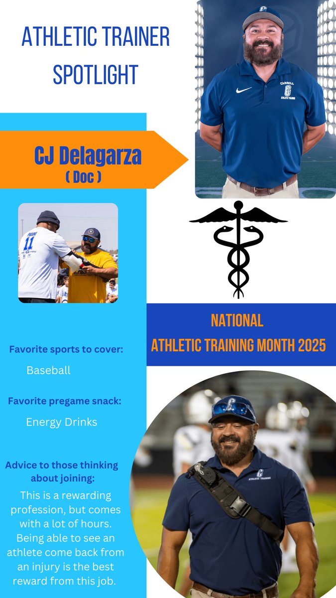 Tiger Athletic Training (@chsathtrain) on Twitter photo 🧡Athletic Trainer Spotlight🩵
To close out National Athletic Training Month we will spotlight CJ DeLaGarza (Doc)⚕️🐅 #NATM #TPND
<a href="/MaryCarrollHigh/">Mary Carroll High School</a> <a href="/TheProgramCTFB/">Carroll Football 🐅</a> 🧡Athletic Trainer Spotlight🩵
To close out National Athletic Training Month we will spotlight CJ DeLaGarza (Doc)⚕️🐅 #NATM #TPND
<a href="/MaryCarrollHigh/">Mary Carroll High School</a> <a href="/TheProgramCTFB/">Carroll Football 🐅</a>