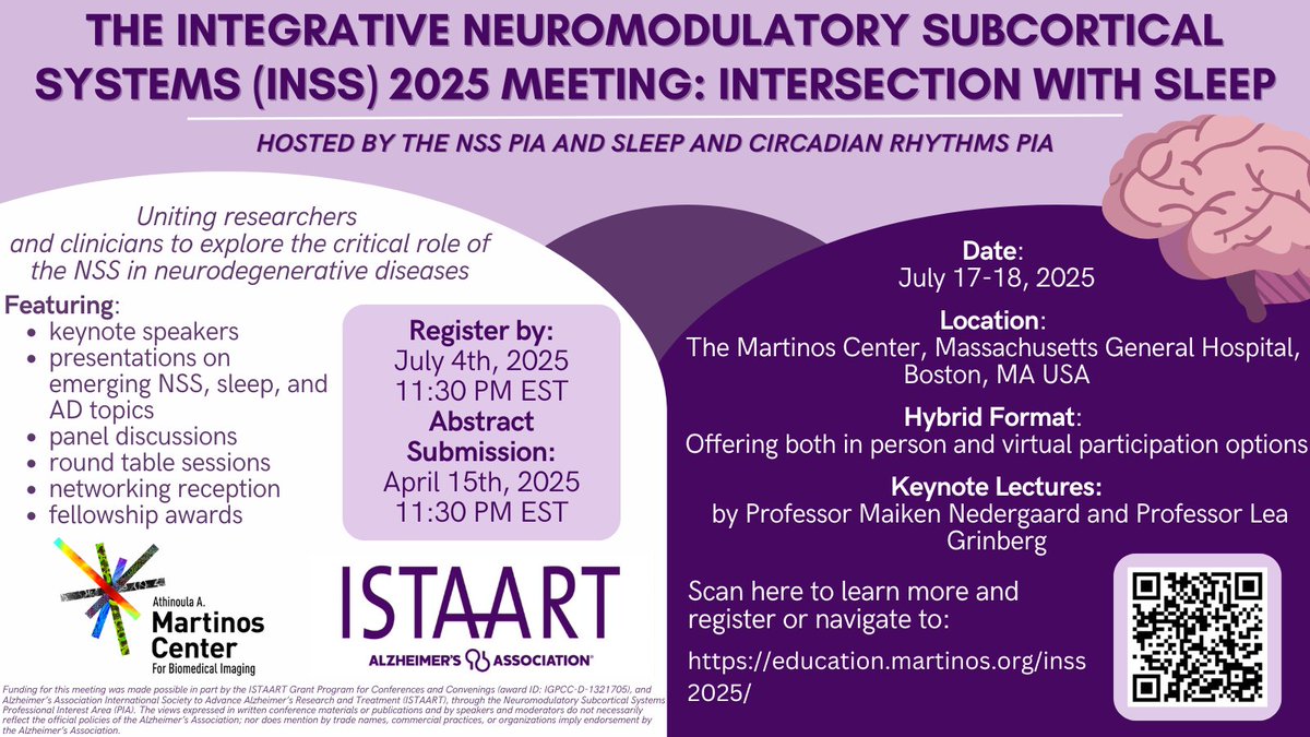 Nina Engels (Domínguez) (@ninaengels) on Twitter photo Join us at the Integrative Neuromodulatory Subcortical Systems 2025 meeting! Supported by <a href="/ISTAART/">ISTAART</a> and hosted by <a href="/NSS_PIA/">Neuromodulatory Subcortical Systems PIA</a> & <a href="/SleepPIA/">Sleep and Circadian Rhythms</a> 🧠💤
📍<a href="/MGHMartinos/">MGH Martinos Center</a>, Boston, MA USA or online | July 17-18
📅 Abstracts due 4/15 11:30pm EST
✅ Registration & more info: education.martinos.org/inss2025/ Join us at the Integrative Neuromodulatory Subcortical Systems 2025 meeting! Supported by <a href="/ISTAART/">ISTAART</a> and hosted by <a href="/NSS_PIA/">Neuromodulatory Subcortical Systems PIA</a> & <a href="/SleepPIA/">Sleep and Circadian Rhythms</a> 🧠💤
📍<a href="/MGHMartinos/">MGH Martinos Center</a>, Boston, MA USA or online | July 17-18
📅 Abstracts due 4/15 11:30pm EST
✅ Registration & more info: education.martinos.org/inss2025/