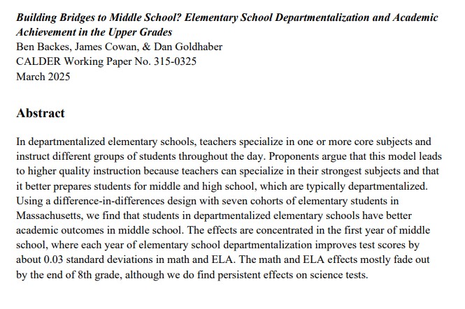 caldercenter's tweet image. Does departmentalized instruction (DI) in elementary school actually help students better transition into middle school? Check out our new CALDER paper by @brbackes, @jecowan, & @CEDR_US to learn about the impacts of DI on long-term achievement in MA.
👉 bit.ly/3FNAX0N