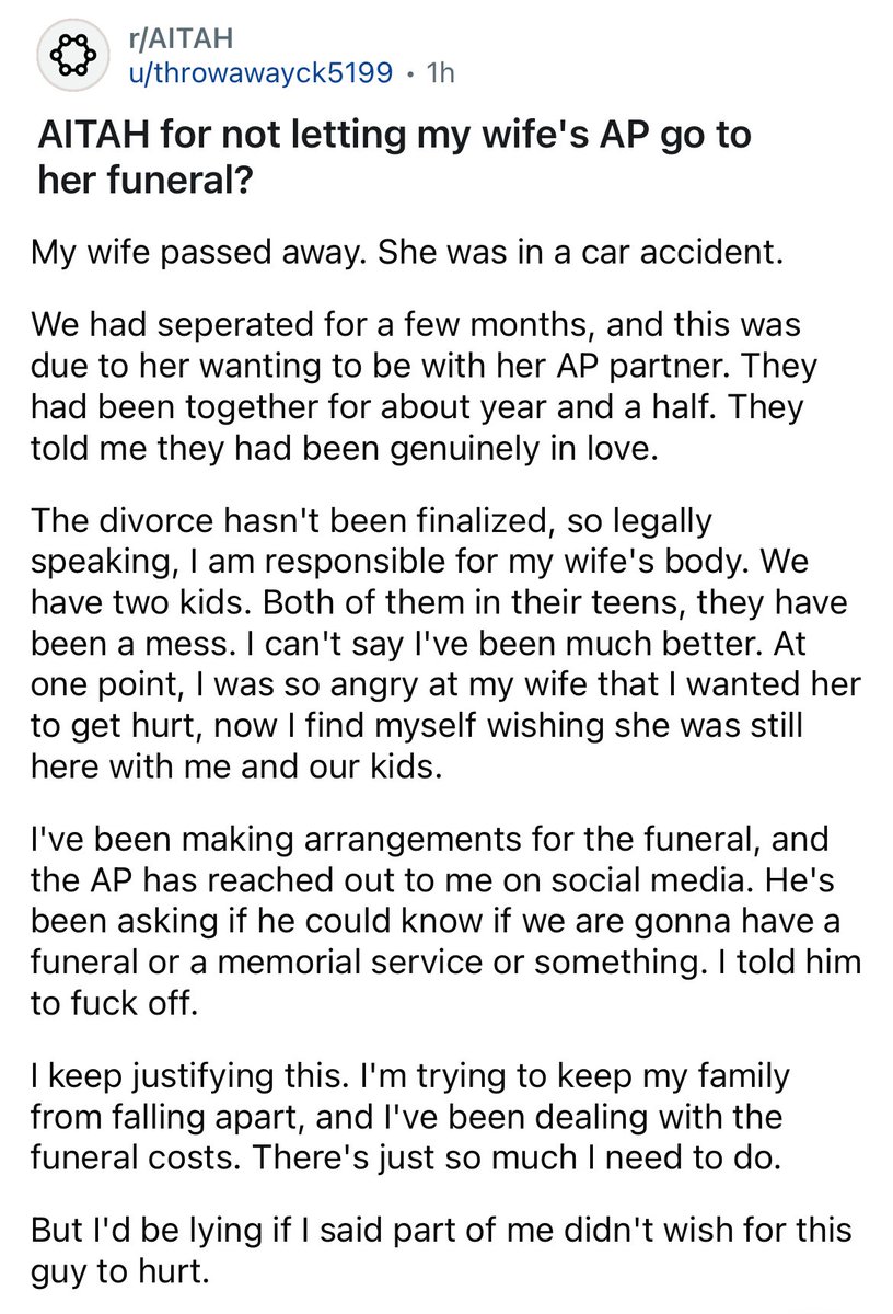 amithearsehole's tweet image. AITAH for not letting my wife’s affair partner go to her funeral?