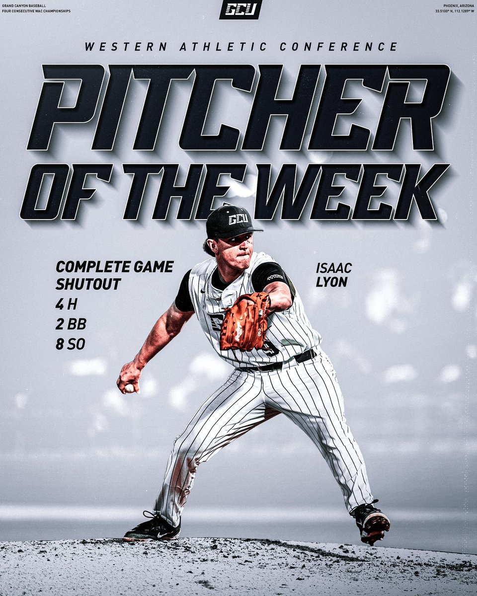 Grand Canyon Baseball (@gcu_baseball) on Twitter photo Second WAC Pitcher of the Week honor for <a href="/IsaacLyon27/">Isaac Lyon</a> after a complete game shutout effort Friday night. โญ๏ธ
๐ฐ: gculopes.com/news/2025/3/31โฆ Second WAC Pitcher of the Week honor for <a href="/IsaacLyon27/">Isaac Lyon</a> after a complete game shutout effort Friday night. โญ๏ธ
๐ฐ: gculopes.com/news/2025/3/31โฆ