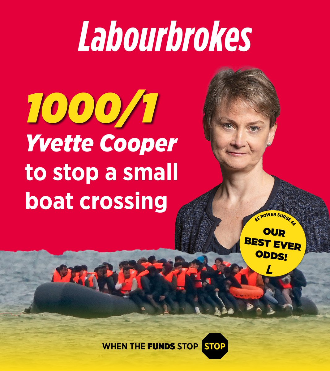 🚨 Can Labour pull off the unthinkable? 🤯

Now offering 1000/1 odds on Home Secretary <a href="/YvetteCooperMP/">Yvette Cooper</a> to stop a single small boat crossing 🚣‍♂️