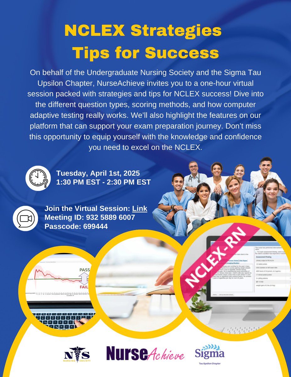 4th year nursing students - Join the University of Windsor Nursing Society &amp; Sigma Tau Upsilon Chapter for a FREE 1-hour NCLEX virtual session with NurseAchieve! Date: April 1st, 2025 at 1:30-2:30 PM EST
Join Here: zoom.us/j/93258896007
Mtg ID: 932 5889 6007 Passcode: 699444