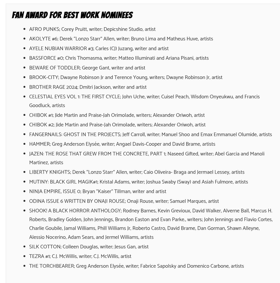 Bradley Golden (@secondsightpub) on Twitter photo I can't believe it. Thank you for the nomination on behalf of Second Sight Publishing LLC. and <a href="/DarkHorseComics/">Dark Horse Comics</a>
Congratulations to all the nominees! Shook! A Black Horror Anthology nominated for 4 categories. <a href="/JIJennings/">John Ira Jennings</a> <a href="/TheRodneyBarnes/">Rodney Barnes</a> <a href="/KevinGrevioux/">Kevin Grevioux</a> <a href="/DavidWalker1201/">David F Walker</a> I can't believe it. Thank you for the nomination on behalf of Second Sight Publishing LLC. and <a href="/DarkHorseComics/">Dark Horse Comics</a>
Congratulations to all the nominees! Shook! A Black Horror Anthology nominated for 4 categories. <a href="/JIJennings/">John Ira Jennings</a> <a href="/TheRodneyBarnes/">Rodney Barnes</a> <a href="/KevinGrevioux/">Kevin Grevioux</a> <a href="/DavidWalker1201/">David F Walker</a>