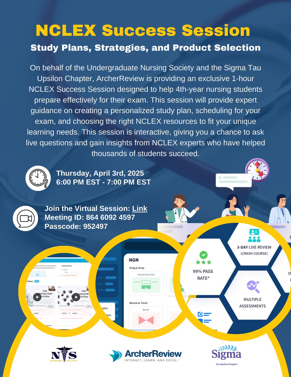 4th year nursing students - Join the University of Windsor Nursing Society &amp; Sigma Tau Upsilon Chapter for a FREE 1-hour NCLEX virtual session with ArcherReview! Date: April 3rd, 2025 from 6:00-7:00 PM EST. Join Here:archerreview.zoom.us/j/86460924597?… Mtg ID: 864 6092 4597 Passcode: 952497