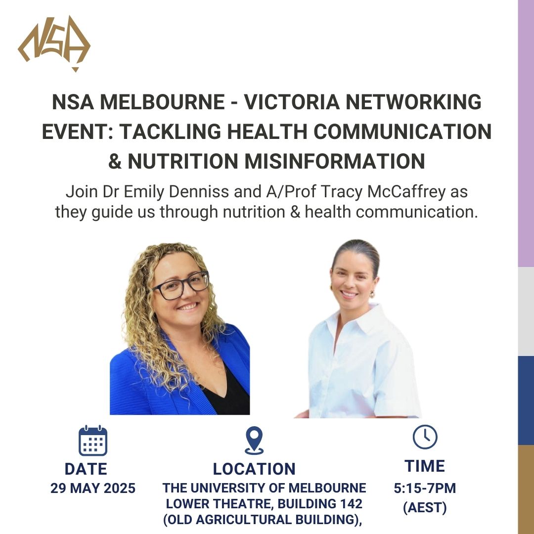 Presented by two leading experts in public health, nutrition, &amp; communication - Dr Emily Denniss &amp; A/Prof Tracy McCaffrey - is a FREE NSA member event not to be missed! 

Register now ▶️ow.ly/CYRU50VlYsU

#NutritionSocietyAUS