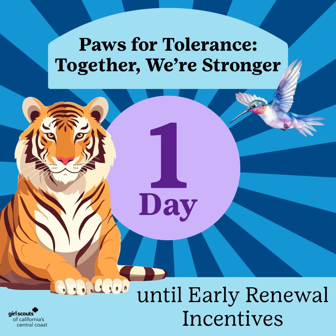 Early Bird Renewal 2025-2026 starts tomorrow!🦅All you have to do is renew your membership. The earlier, the better because these incentives won't last! 
Learn more and get started at ow.ly/ozow50VrLzE
Spread the word! #EarlyBirdRenewal #GSCCC #GirlScoutsCCC #Countdown