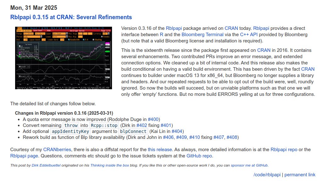 eddelbuettel's tweet photo. Rblpapi 0.3.15 on CRAN: Several Refinements
Direct and efficient R interface to Bloomberg Terminal
https://t.co/lvKodH2zCp
#rstats #rcpp https://t.co/n8Z9JTSWVl