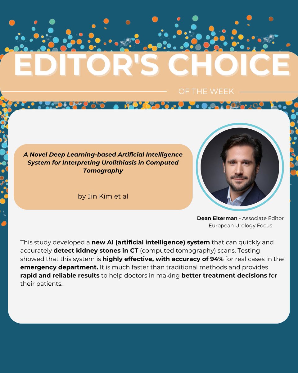 Eur Urol Focus (@eururolfocus) on Twitter photo Editor‘s choice by <a href="/DrDeanElterman/">Dean Elterman</a>: AI can help to detect stones in CT scans.🚀
Do you think this is helpful?🧐
👇Read the full article here:👇
doi.org/10.1016/j.euf.… Editor‘s choice by <a href="/DrDeanElterman/">Dean Elterman</a>: AI can help to detect stones in CT scans.🚀
Do you think this is helpful?🧐
👇Read the full article here:👇
doi.org/10.1016/j.euf.…