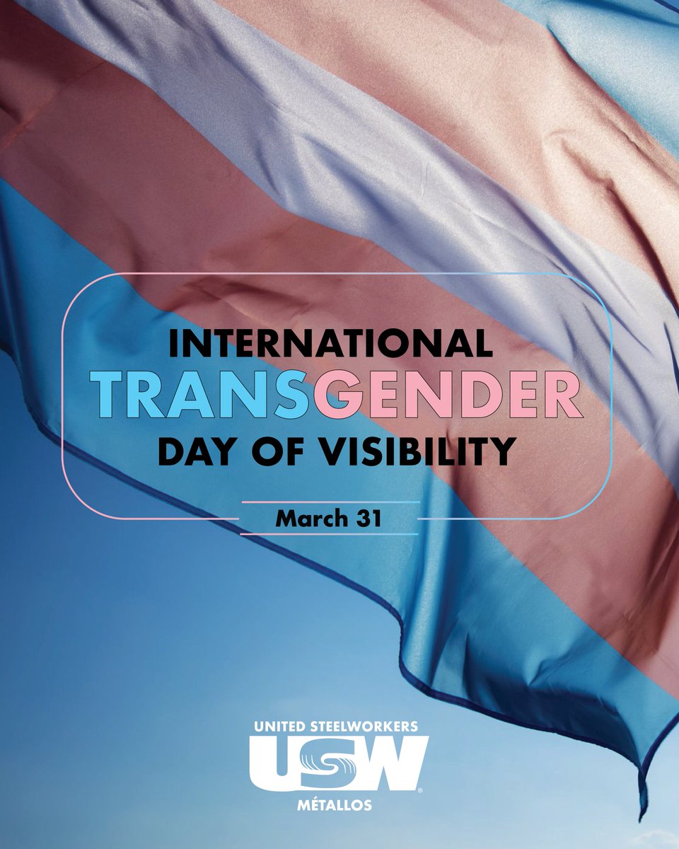 Today, March 31, is International #Transgender Day of Visibility 🏳️‍⚧️

The USW union stands with trans and non-binary workers, today and every day. Everyone deserves a safe, inclusive, and fair workplace. Today, we renew our commitment to fighting for equality and dignity for all.