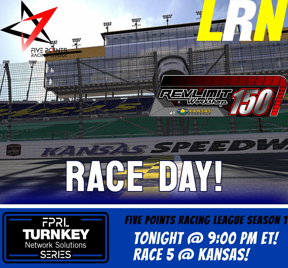 Join us for the FPRL Turnkey Network Solutions Series - Race #5 at Kansas! 
The action starts at 9:00 PM ET/6:00 PT!  
📺Watch here: youtu.be/PH85QIs7cfw 
📢Revlimit Workshop 150