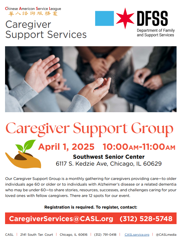 Chicago Senior Services (@chisrservices) on Twitter photo Are you a caregiver for a loved one? Share your story & connect with others at our Caregiver Support Group!
📅 TOMORROW, April 1st
⏰ 10-11 AM
📍 Southwest Regional Senior Center, 6117 S Kedzie, Chicago
Register: caregiverservices@casl.org | (312) 528-5748 Are you a caregiver for a loved one? Share your story & connect with others at our Caregiver Support Group!
📅 TOMORROW, April 1st
⏰ 10-11 AM
📍 Southwest Regional Senior Center, 6117 S Kedzie, Chicago
Register: caregiverservices@casl.org | (312) 528-5748