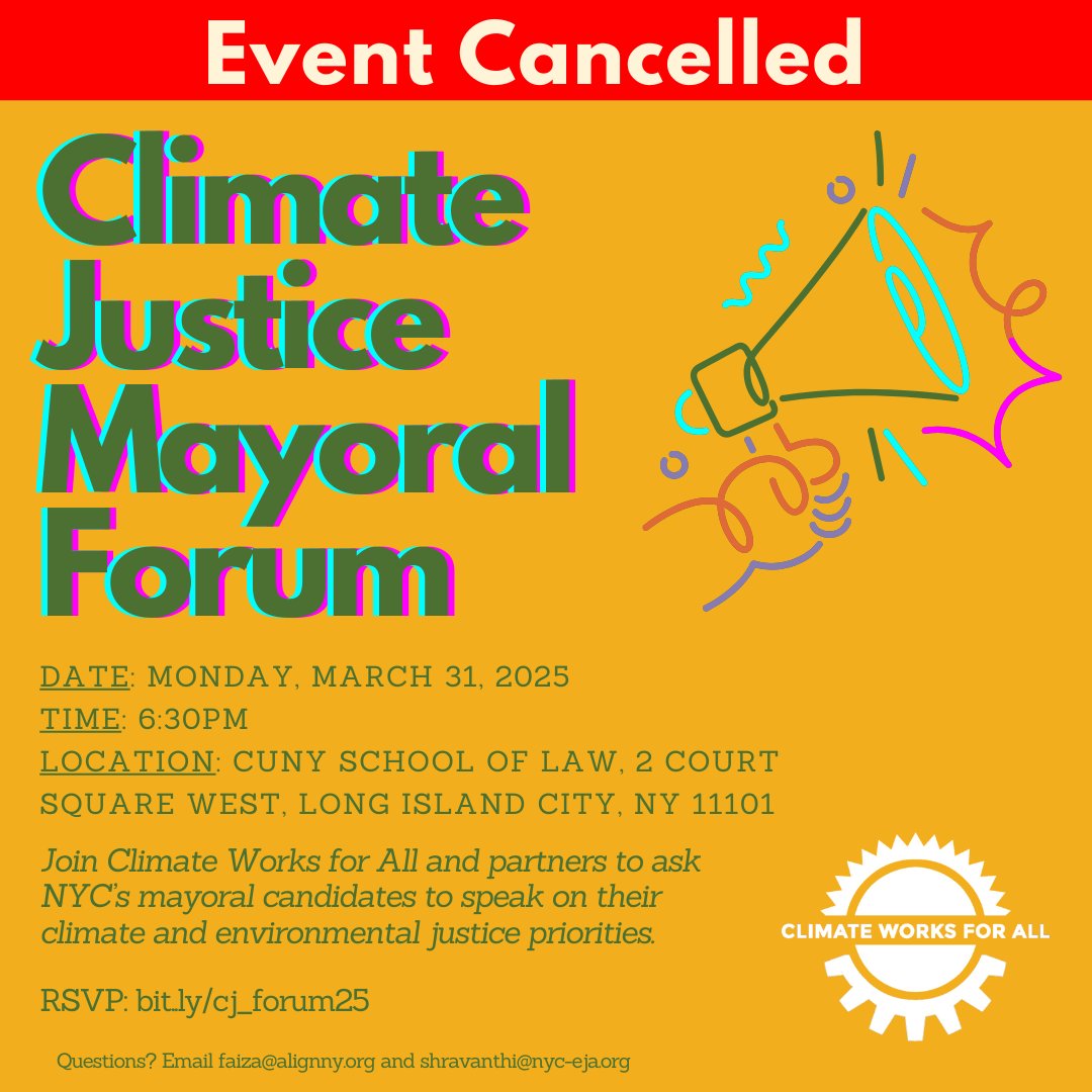 *Event Cancelled*

Unfortunately, we made the difficult decision to cancel the Climate Justice Mayoral Forum due to last minute candidate scheduling issues. 

We acknowledge this is a last minute cancellation and we sincerely apologize for the inconvenience this has caused you.