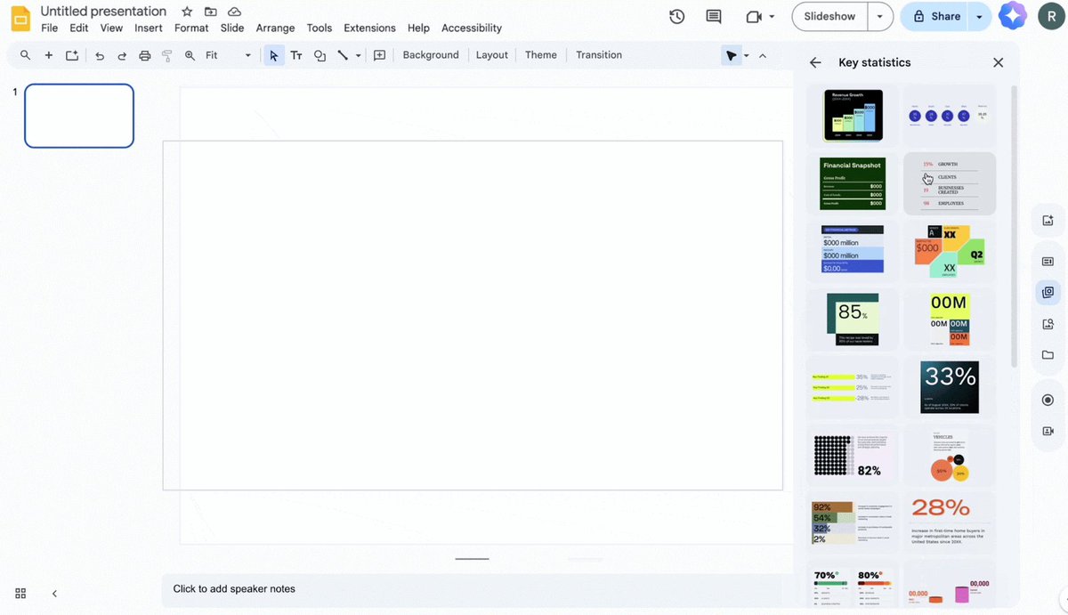 appsatori's tweet image. 🆕Google Prezentace má nový boční panel! 🎨 Šablony, generování obrázků, stavební bloky a další designové prvky na jednom místě. Tvořte prezentace rychleji a profesionálněji. 
#GoogleSlides #Design