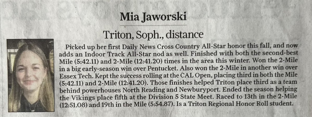 Congratulations to Ava Burl, Colleen Johnson, and Mia Jaworski for being named Girls Indoor Track All-Stars by the Daily News of Newburyport. Honorable Mention to Alexa Bonasera and London Cole.