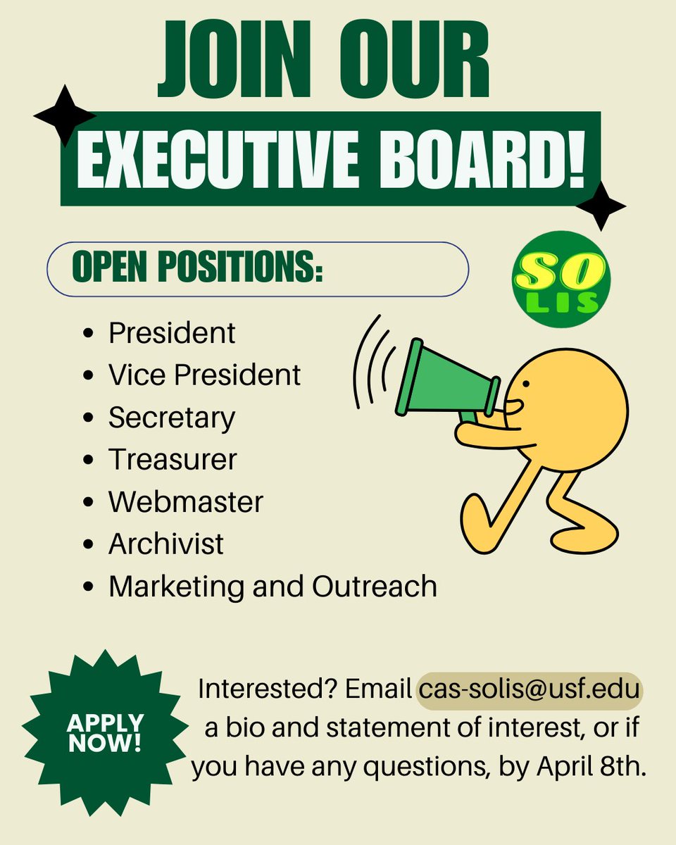 SOLISUSF's tweet photo. Interested in becoming an officer? Email cas-solis@usf.edu with the position you want to run for, a brief bio, and a statement of interest. Ballots go out April 9th. Find out more on our Canvas. 😁 https://t.co/JVUc78VvIm