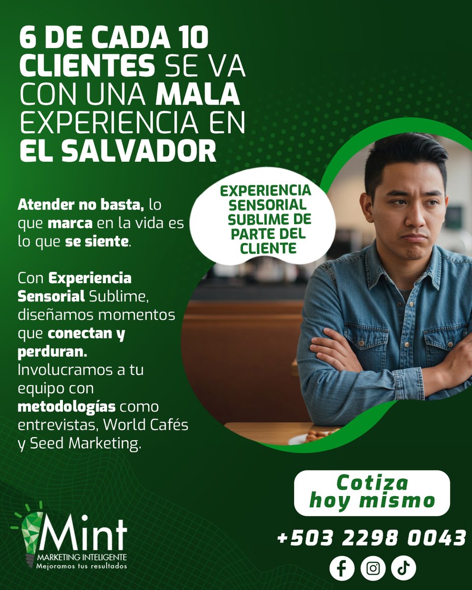 No basta con atender. Lo que se siente es lo que queda. 6 de cada 10 clientes se van por una mala experiencia.💡 Cambiá eso con una experiencia que conecte. 📲 Cotizá ya: +503 2298 0043. #MarketingDigital #Publicidad #SocialMedia #Branding #SEO