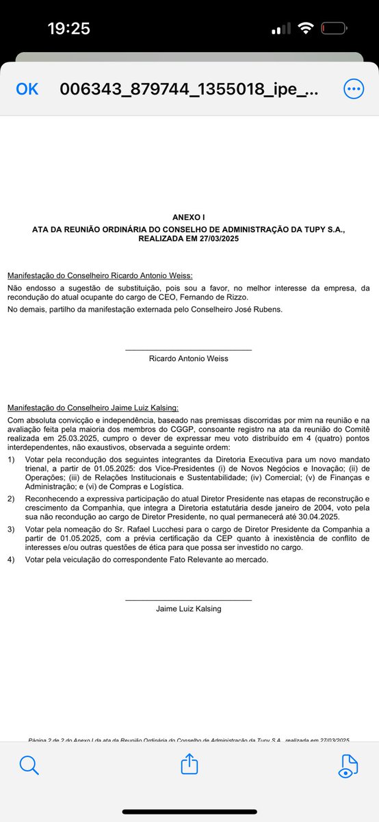 Ata da reunião da Tupy na qual Lucchesi foi eleito ao cargo de CEO.

Destaque para as obs de Jose Rubens de la Rosa (contra a mudança) e Carlos Lupi (a favor da mudança). 

“Manifesto minha preocupação com a assunção de riscos desnecessários decorrentes da substituição proposta”