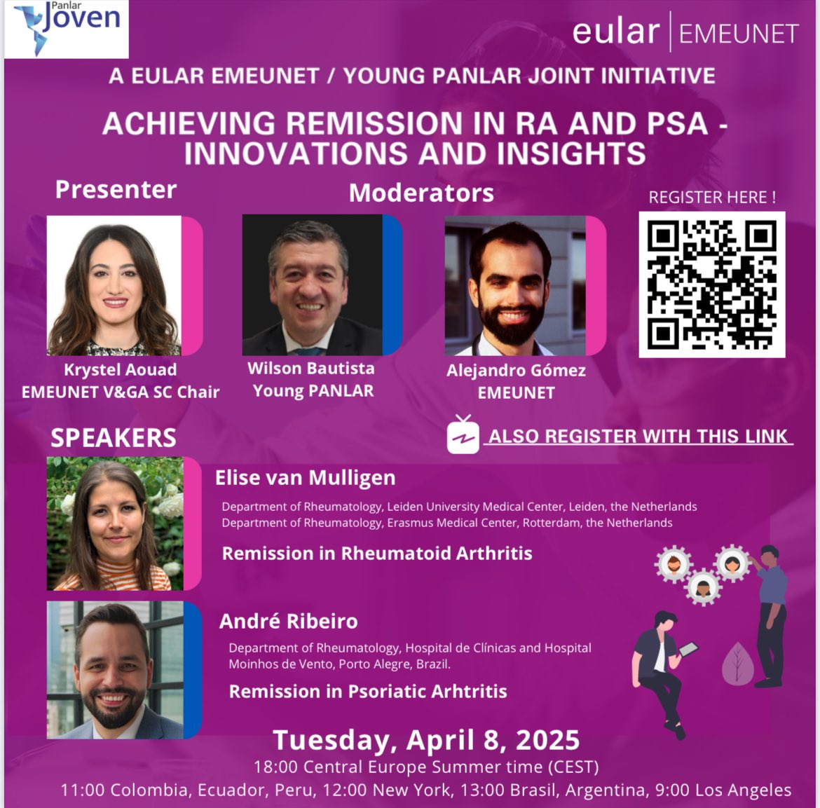 🌍 EMEUNET &amp; Young PANLAR joint webinar! 
🔹 Achieving Remission in RA &amp; PsA – Innovations &amp; Insights
📅 April 8 | 18h CEST
🎙Dr. van Mulligen (RA) &amp; Dr. Ribeiro (PsA)
-Moderators: Dr. Gómez &amp; Dr. Bautista
-Presenter: Dr. Aouad
 
🔗 Register here: us02web.zoom.us/meeting/regist…