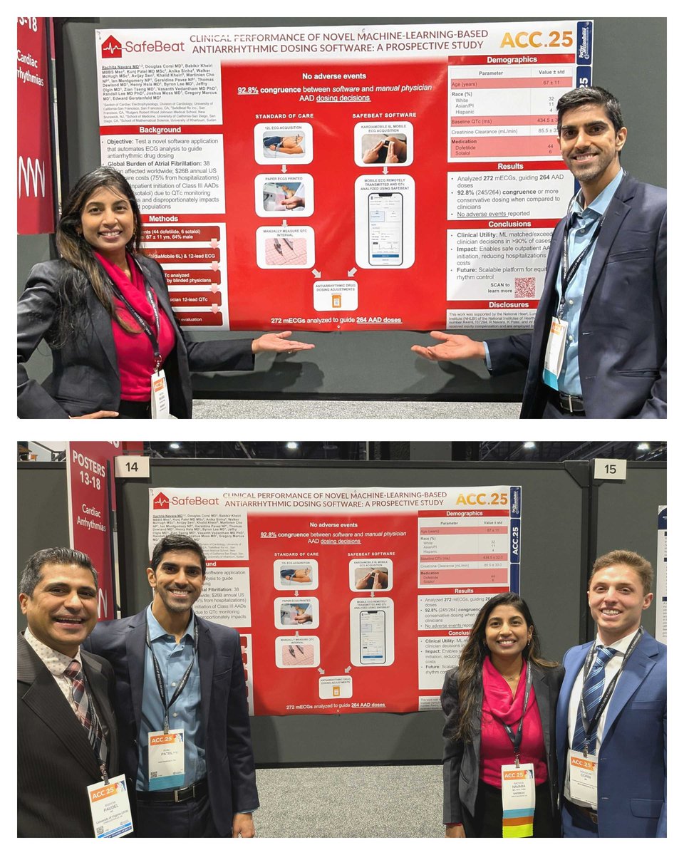 Rachita Navara, MD FACC FHRS (@drrachitaep) on Twitter photo So proud of our <a href="/SafeBeat/">SafeBeat Rx</a> research team #ACC25 presentation! Our prospective study showed that SafeBeat’s ECG-driven antiarrhythmic dosing recommendations aligned with EP clinical decisions in 93% of #AFib patients. Exciting potential for AI to guide actual clinical workflows! So proud of our <a href="/SafeBeat/">SafeBeat Rx</a> research team #ACC25 presentation! Our prospective study showed that SafeBeat’s ECG-driven antiarrhythmic dosing recommendations aligned with EP clinical decisions in 93% of #AFib patients. Exciting potential for AI to guide actual clinical workflows!