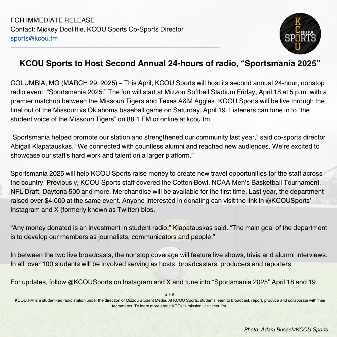 NEWS: KCOU Sports is excited to announce the return of "Sportsmania"

Here are details for the second annual 24 hours of non-stop sports coverage set to take place April 18-19!🎙️

Donation link: mizzougivedirect.missouri.edu/fund.aspx?item…