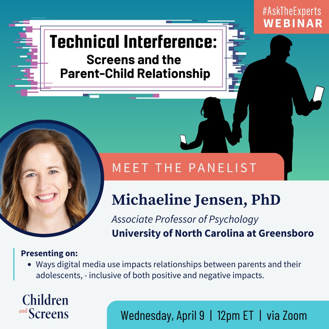 Michaeline Jensen, PhD, joins our panel "Technical Interference: Screens and the Parent-Child Relationship" to present on digital media's impacts to relationships between parents and their adolescents, both positive and negative. 

Register TODAY 🧑‍🧑‍🧒‍🧒