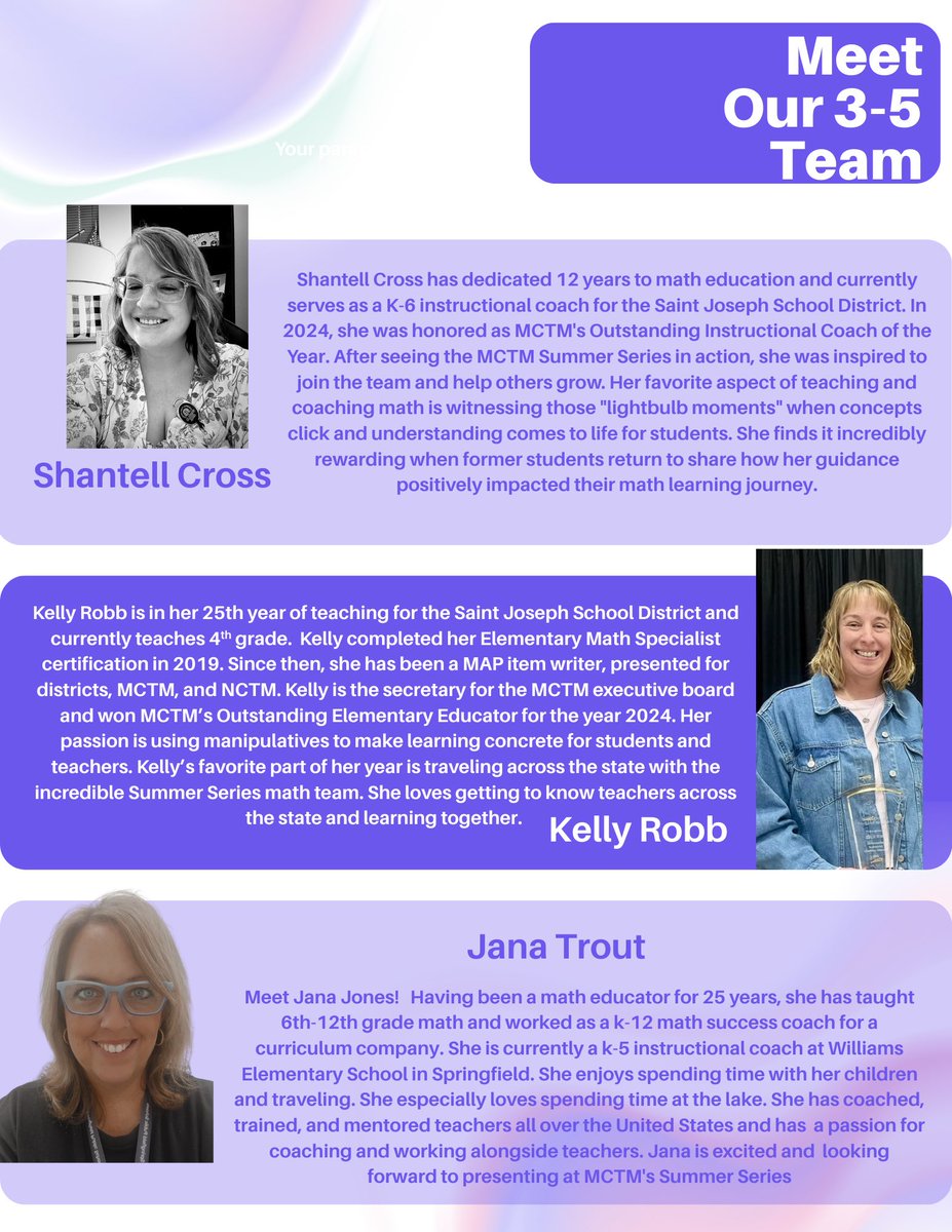 Introducing our Grades 3 - 5 MCTM Summer Series Presentation Team! Register today for any grade band of the Summer Series at the following link! <a href="/MOEducation/">Missouri DESE</a> <a href="/MoAESP/">MAESP</a> <a href="/Mo_CSM/">MoCSM</a> 
rb.gy/rv5p65