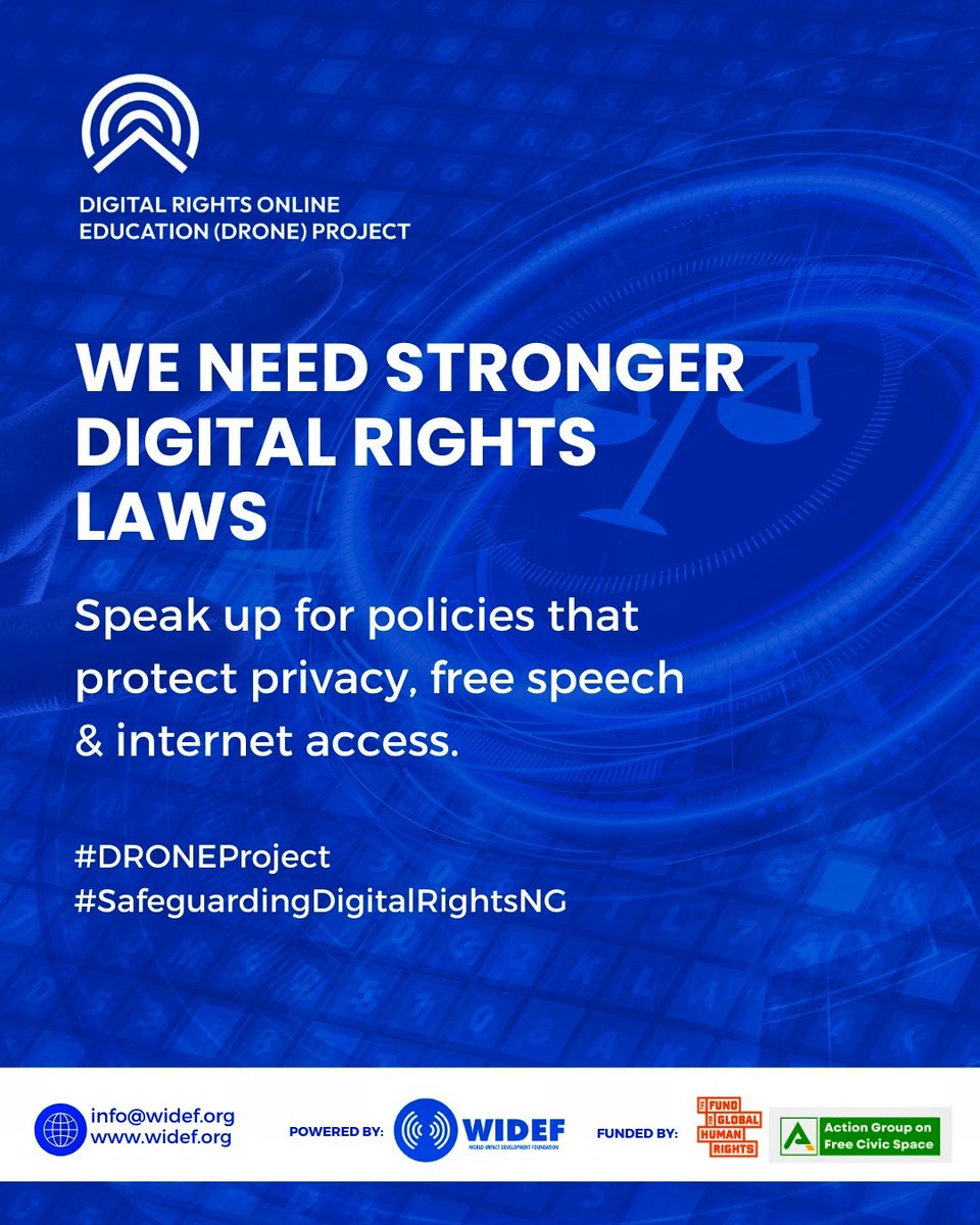 wideflive's tweet image. We Need Stronger Digital Rights Laws!

Speak up for policies that protect privacy, free speech &amp;amp; internet access. 

#DigitalRights
#DRONEProject 
#SafeguardingDigitalRightsNG
