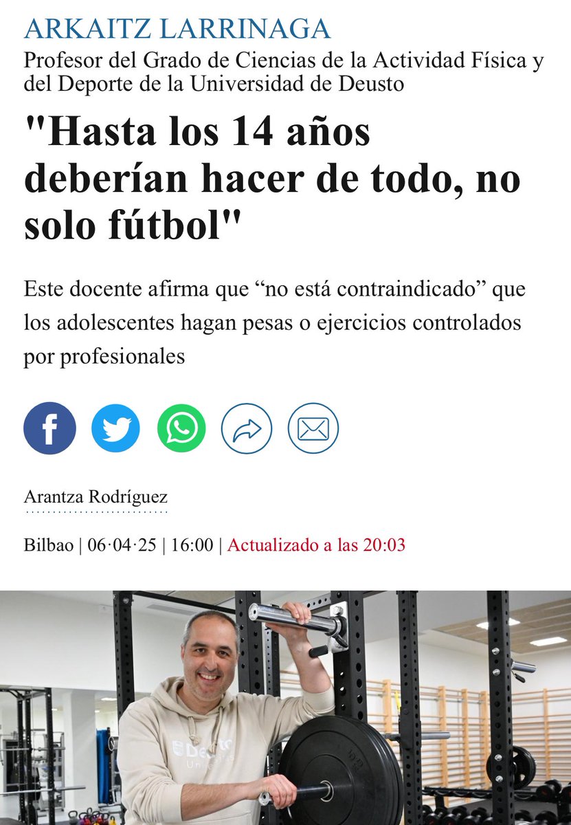 Nuestro colega Dr. Arkaitz Larrinaga de la <a href="/deusto/">Universidad Deusto - Deustuko Unibertsitatea</a> en una entrevista sobre los beneficios del entrenamiento de la fuerza en jóvenes. 

Destaca la importancia de que tengan hábitos activos para contribuir con su salud. 

🔗 deia.eus/bizkaia/2025/0…