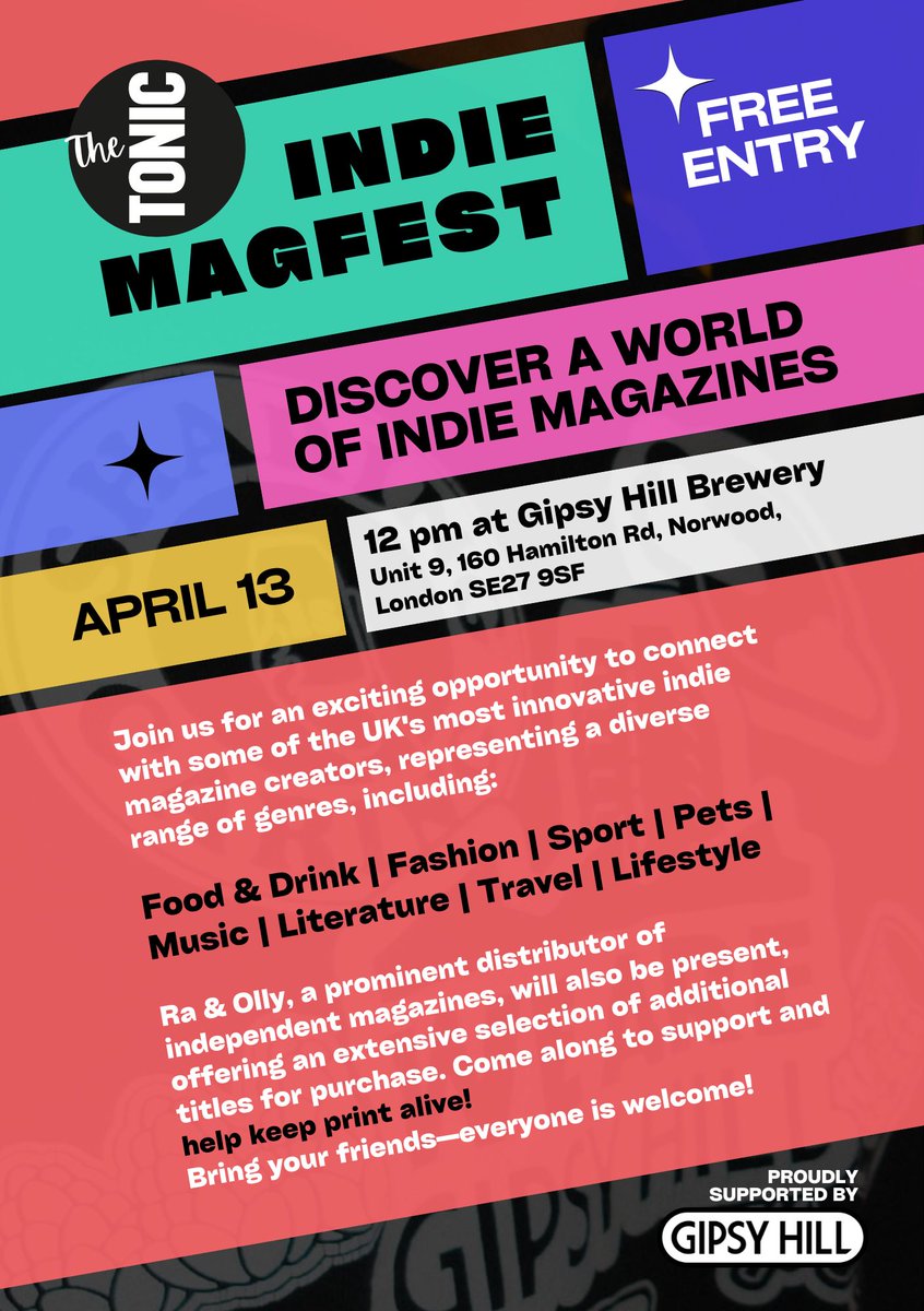 Folding Rock Magazine (@foldingrockmag) on Twitter photo London-based lit and indie mag fans! <a href="/FoldingRockMag/">Folding Rock Magazine</a> will be at <a href="/thetonicmag/">The Tonic Magazine</a> Indie MagFest this Sunday, 13 April from 12pm at <a href="/GipsyHillBrew/">Gipsy Hill Brewing Co.</a> <a href="/ghbc_taproom/">GHBC's Taproom</a>. Expect amazingly designed periodicals, the finest emerging writerly talent, and exclusive merch. Oh, and entry is free! London-based lit and indie mag fans! <a href="/FoldingRockMag/">Folding Rock Magazine</a> will be at <a href="/thetonicmag/">The Tonic Magazine</a> Indie MagFest this Sunday, 13 April from 12pm at <a href="/GipsyHillBrew/">Gipsy Hill Brewing Co.</a> <a href="/ghbc_taproom/">GHBC's Taproom</a>. Expect amazingly designed periodicals, the finest emerging writerly talent, and exclusive merch. Oh, and entry is free!