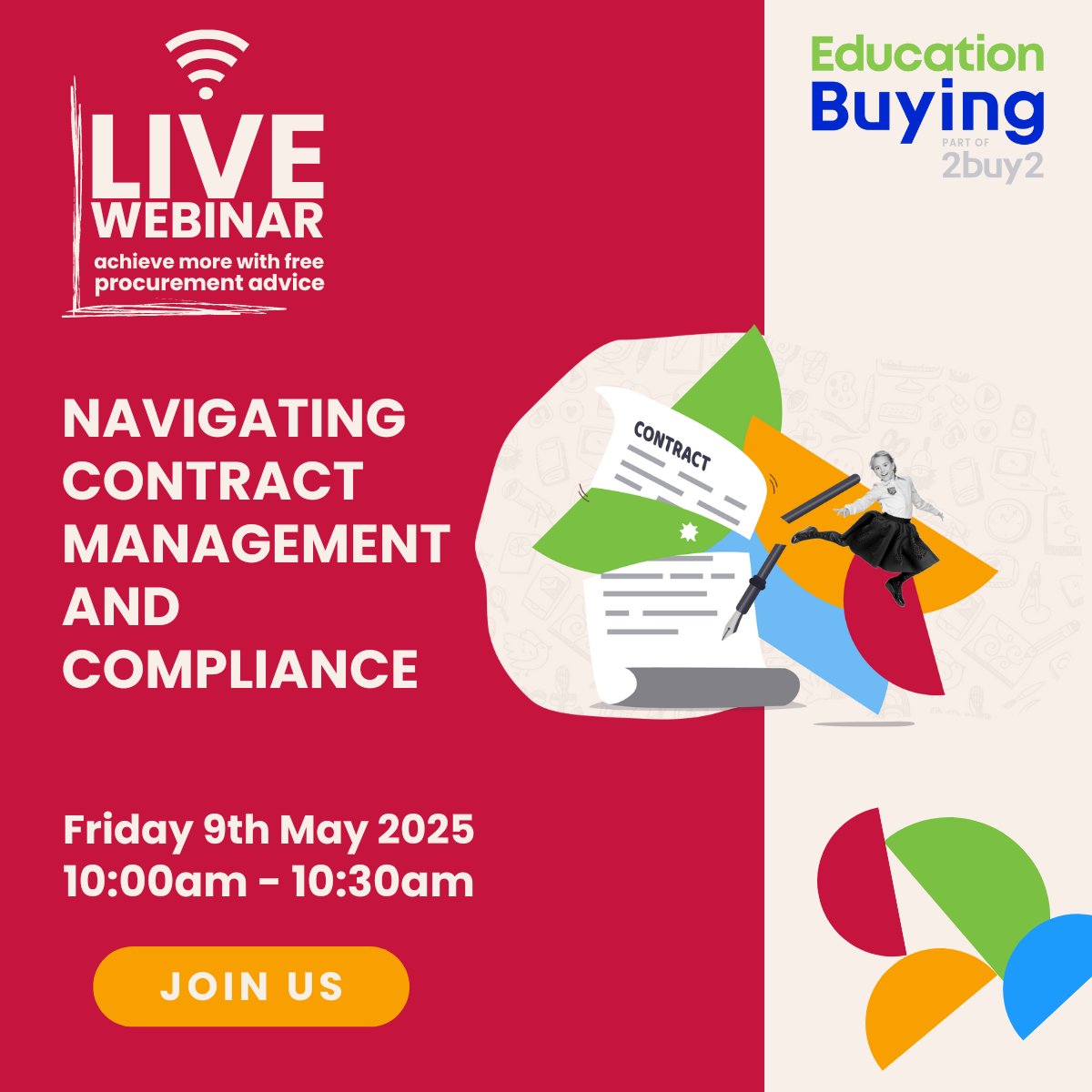 Join our 30-minute webinar on contract management and compliance. We'll discuss: 
- Understanding the lifecycle of a contract 
- Key elements of effective contract management in educational settings 
- Ensuring compliance with new procurement regulations 
- Leveraging technology