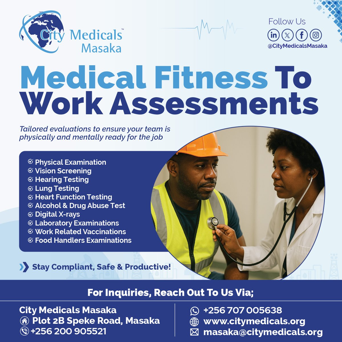 CityMedicalsMsk's tweet image. Is Your Workforce Fit for Duty?
We offer tailored Occupational Health Assessments to ensure your employees are: 
✅ Fit for duty
✅ Safe at work
✅ Ready to perform at their best
Book your assessment today!
📩masaka@citymedicals.org
📞 +256 200 905521
#WorkplaceSafety #FitForWork